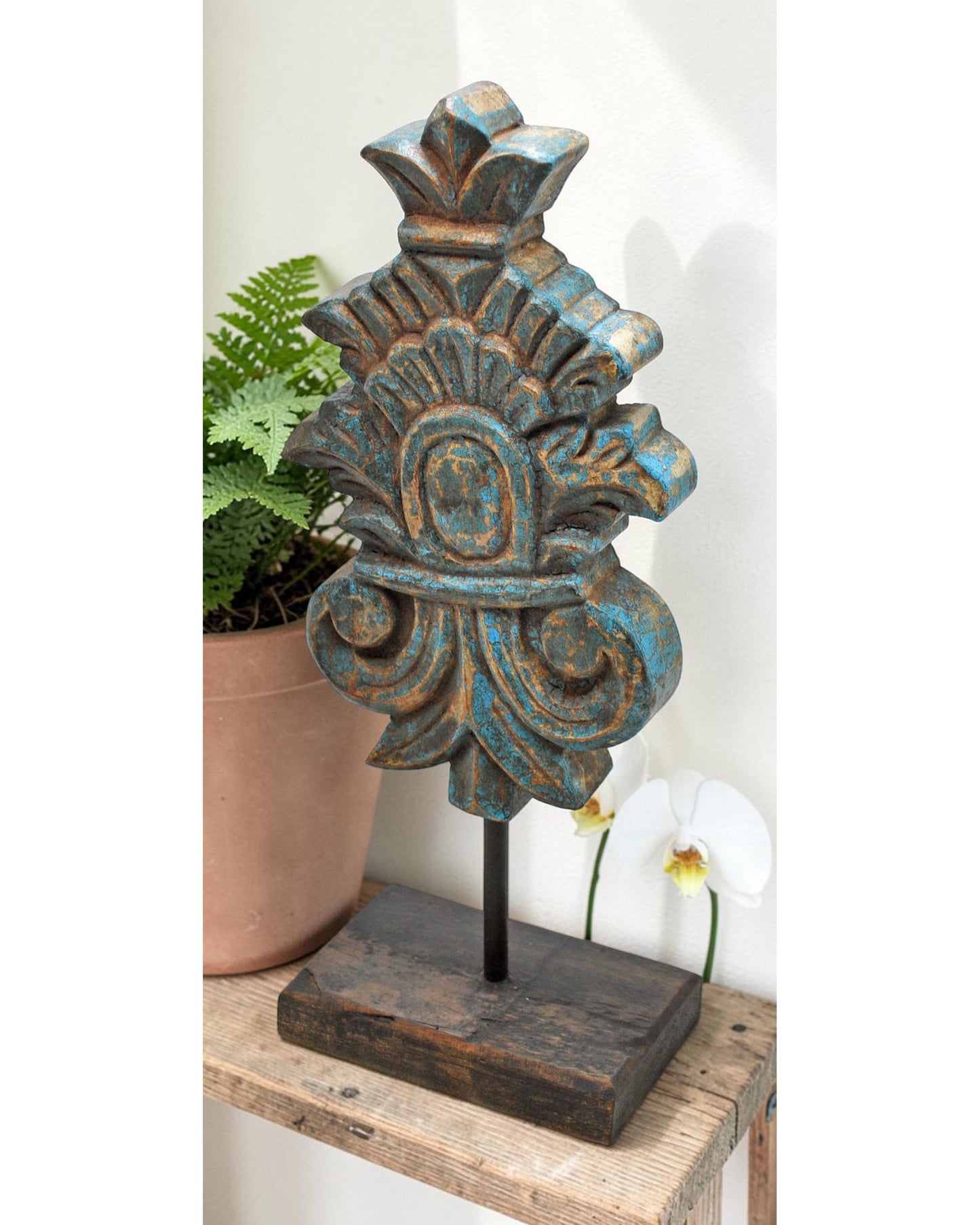 Fine Hand Carved Wooden Flower Carving Panel Plaque Rustic Painted Blue