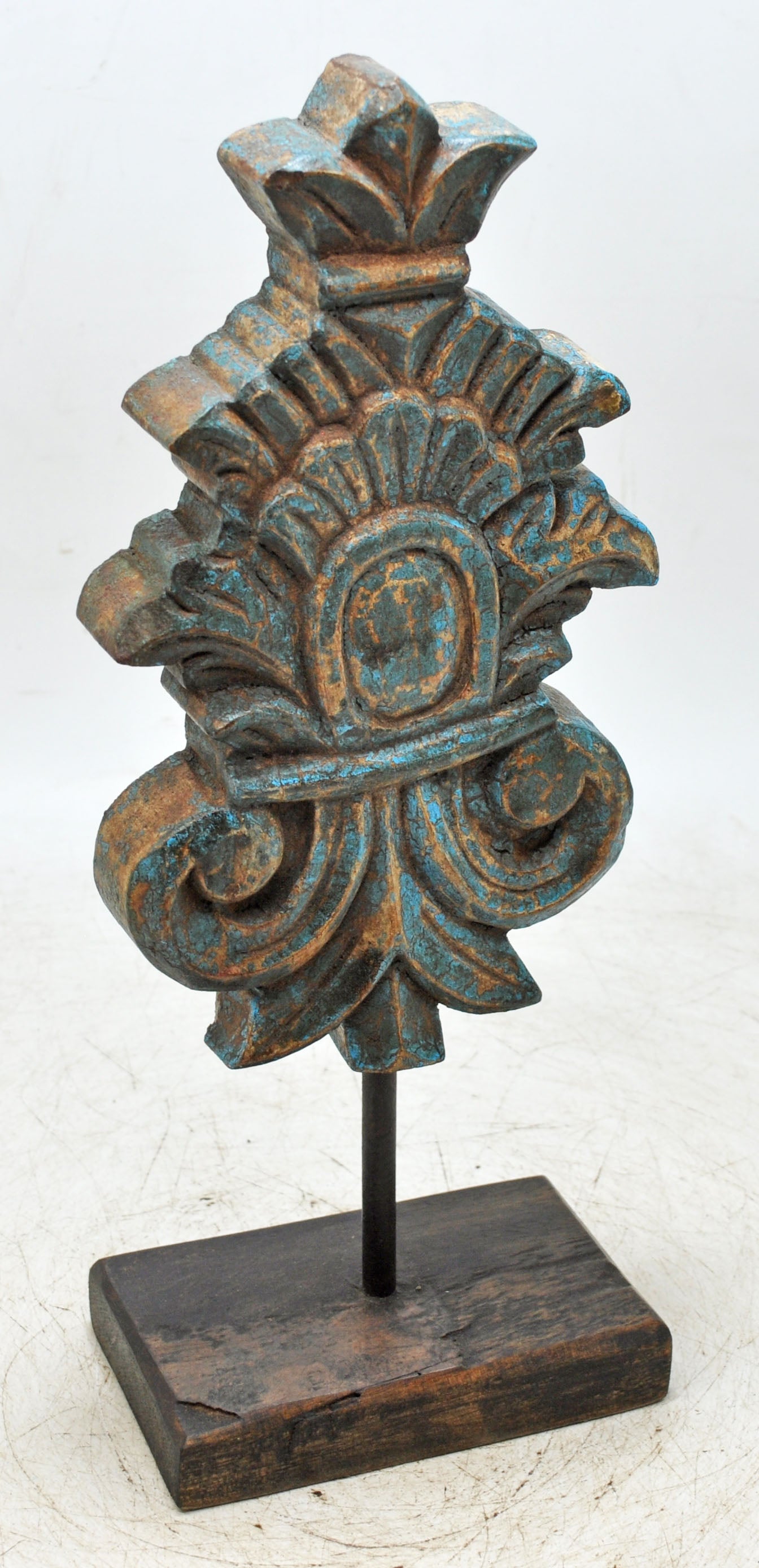 Fine Hand Carved Wooden Flower Carving Panel Plaque Rustic Painted Blue