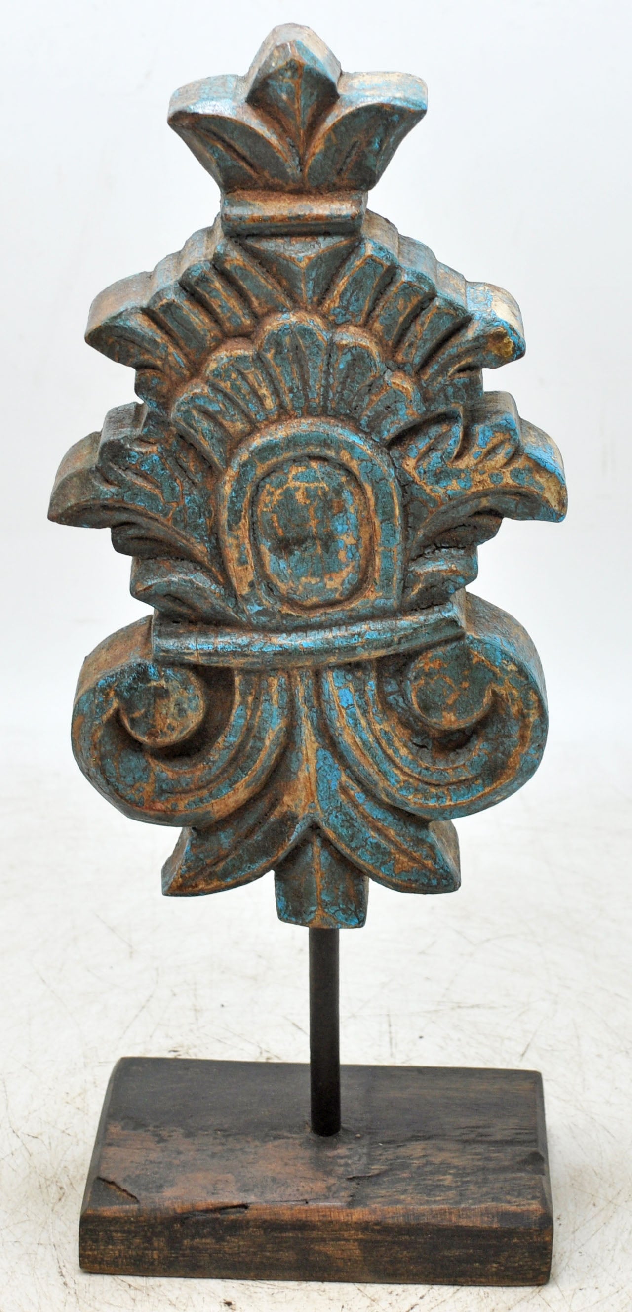 Fine Hand Carved Wooden Flower Carving Panel Plaque Rustic Painted Blue
