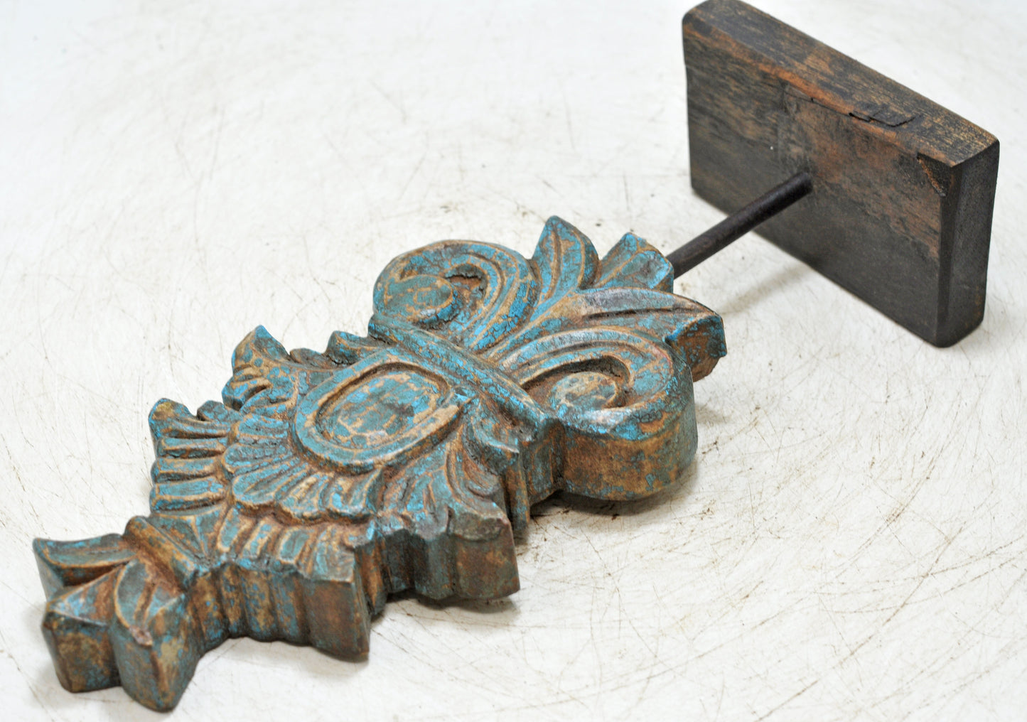 Fine Hand Carved Wooden Flower Carving Panel Plaque Rustic Painted Blue