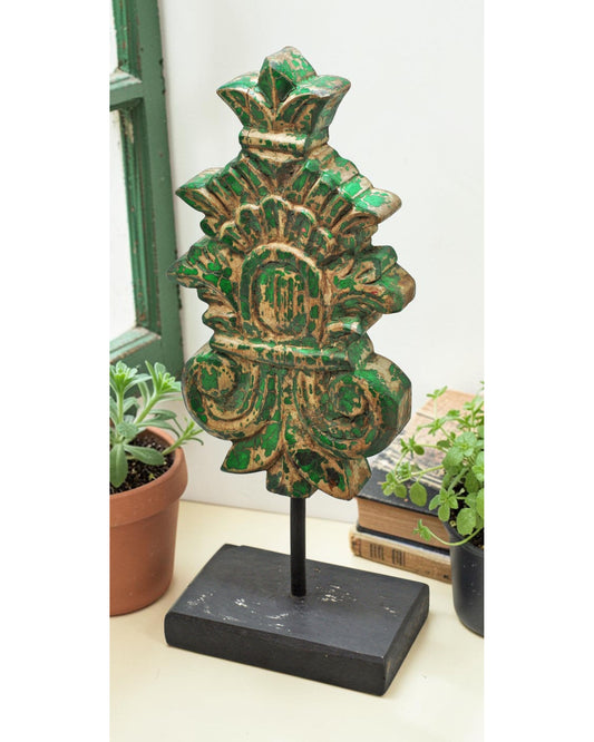 Fine Hand Carved Wooden Flower Carving Panel Plaque Rustic Painted Green