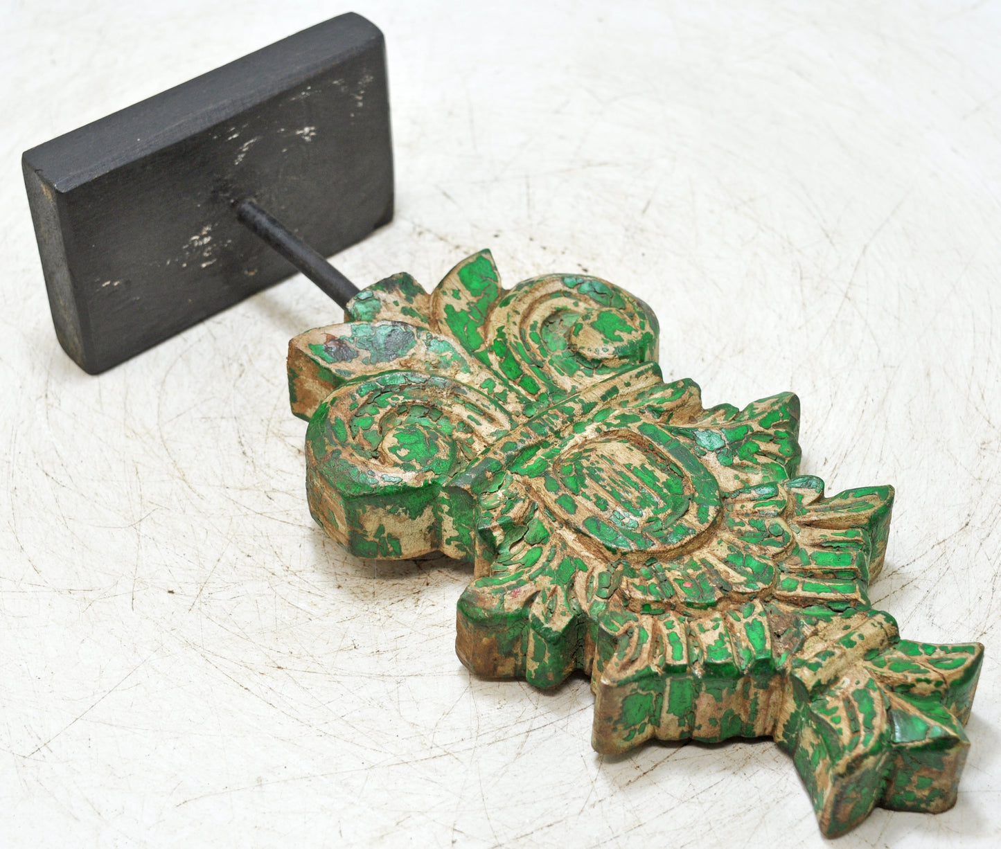 Fine Hand Carved Wooden Flower Carving Panel Plaque Rustic Painted Green