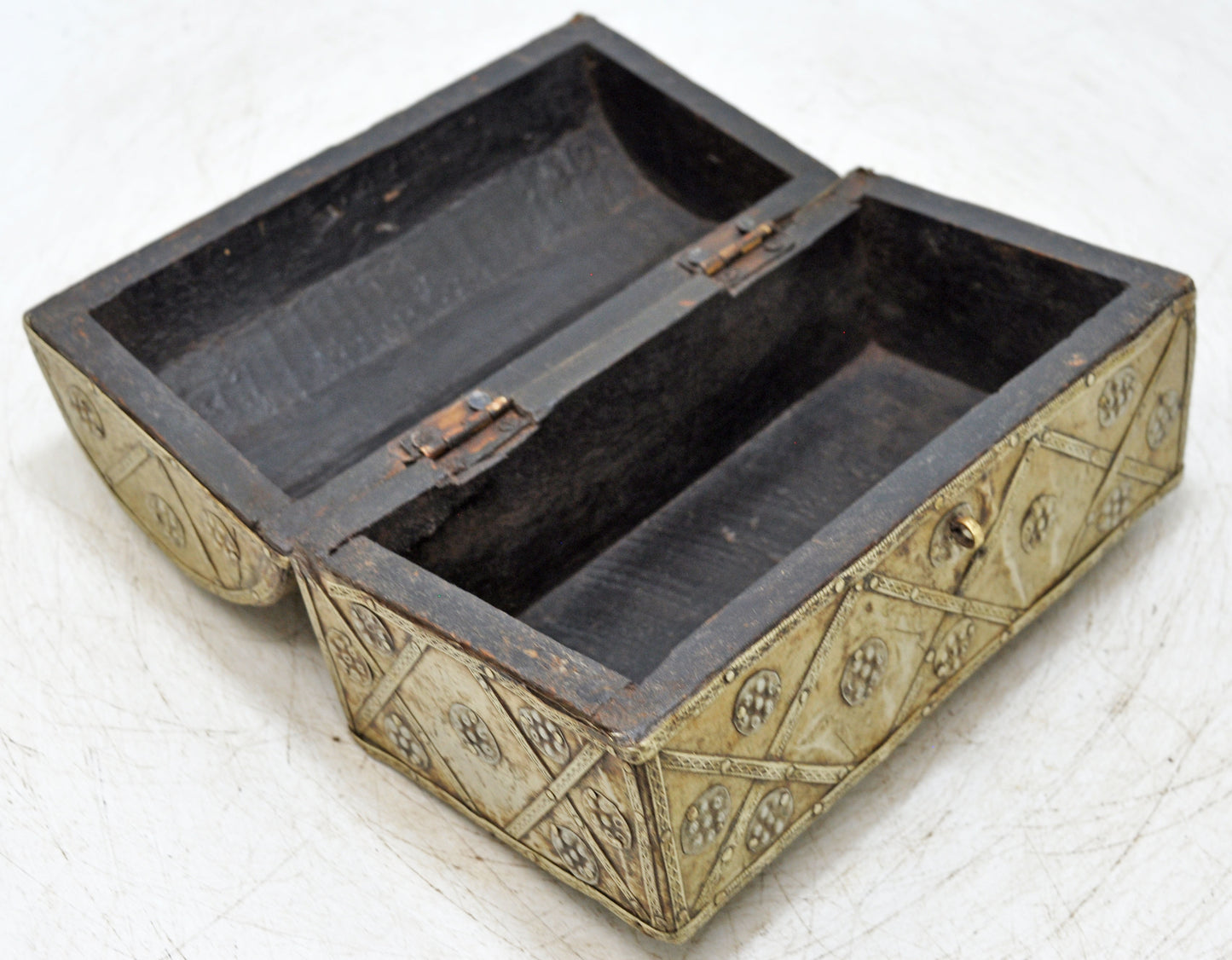Vintage Wooden Half Round Storage Box Original Old Hand Crafted White Metal Fitted
