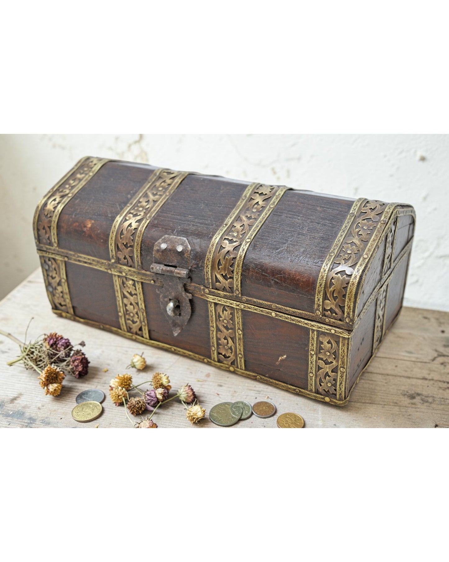 Vintage Wooden Dome Shaped Small Storage Box Original Old Brass Fitted