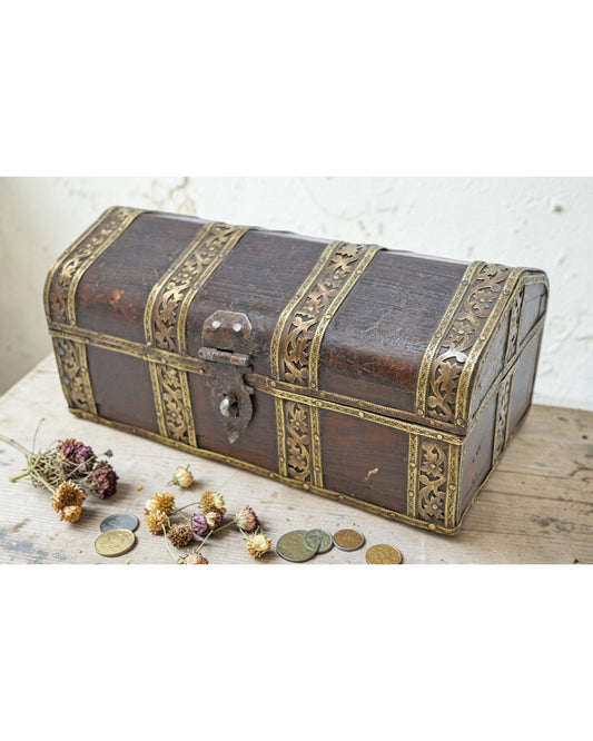 Vintage Wooden Dome Shaped Small Storage Box Original Old Brass Fitted