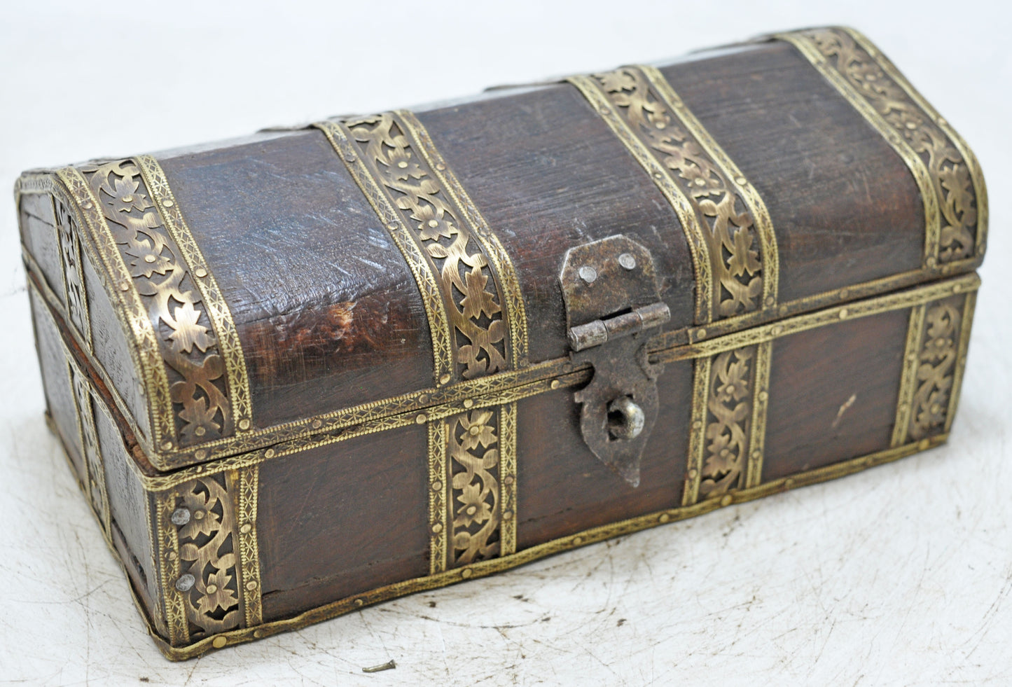 Vintage Wooden Dome Shaped Small Storage Box Original Old Brass Fitted