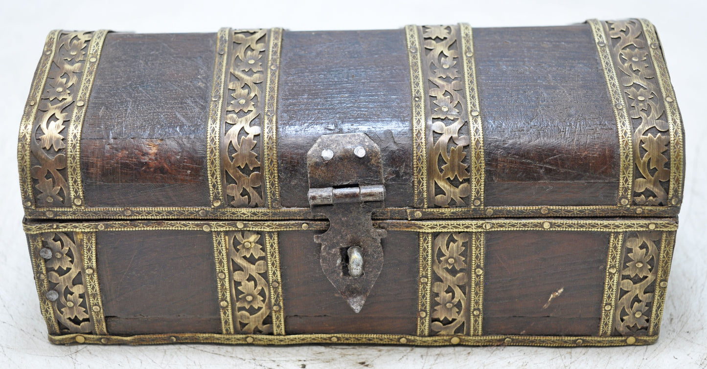 Vintage Wooden Dome Shaped Small Storage Box Original Old Brass Fitted