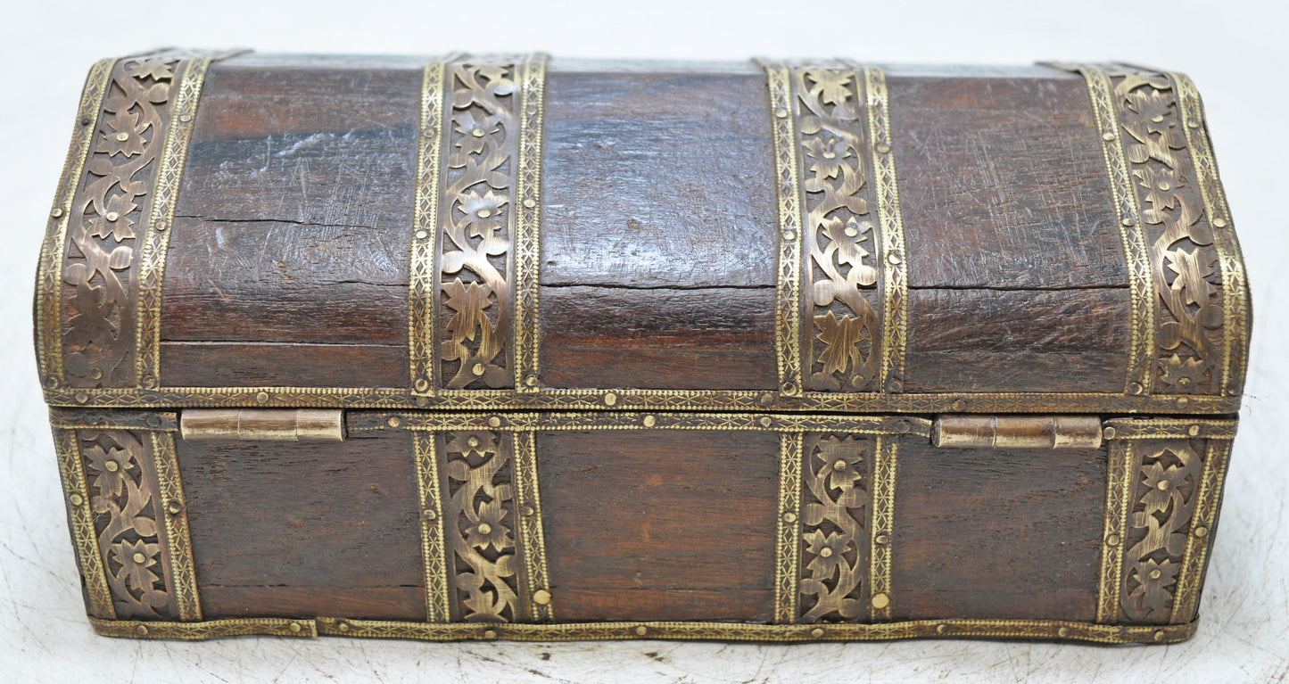 Vintage Wooden Dome Shaped Small Storage Box Original Old Brass Fitted
