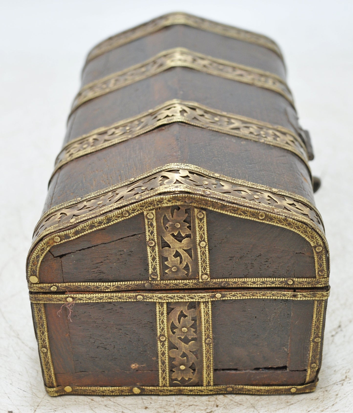 Vintage Wooden Dome Shaped Small Storage Box Original Old Brass Fitted