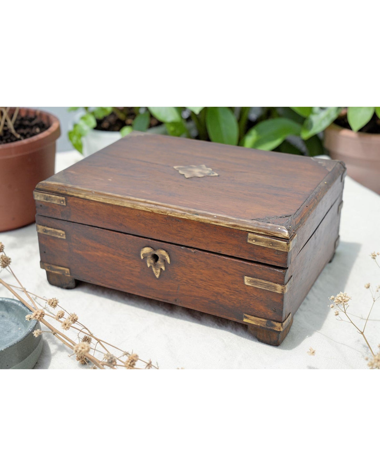 Vintage Wooden Brass Fitted Storage Box Original Old Hand Crafted