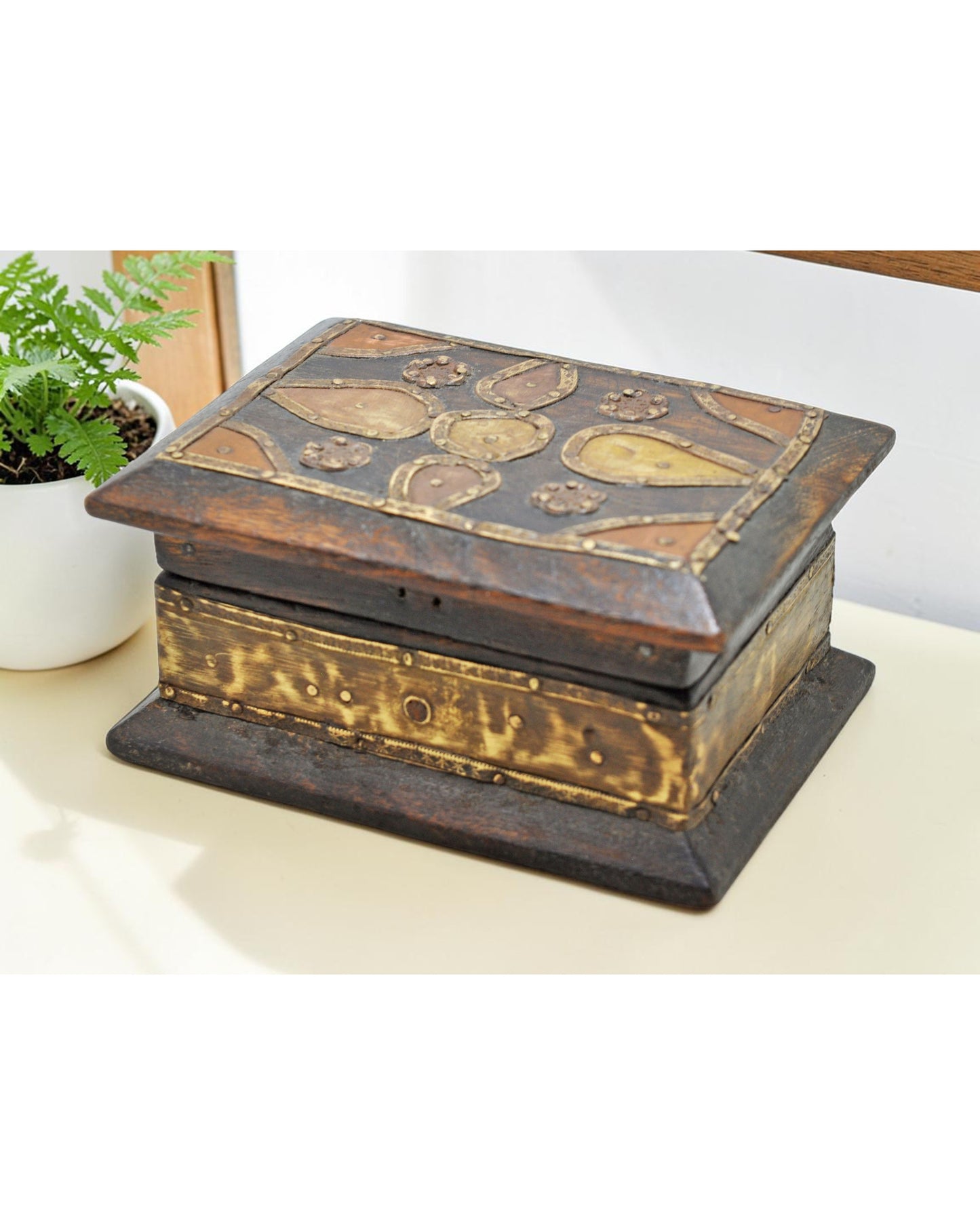 Vintage Wooden Small Storage Box Original Old Hand Crafted Brass Fitted