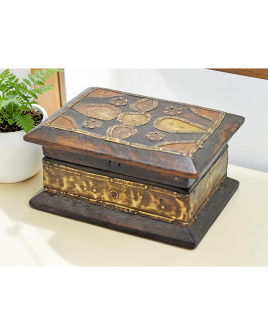 Vintage Wooden Small Storage Box Original Old Hand Crafted Brass Fitted