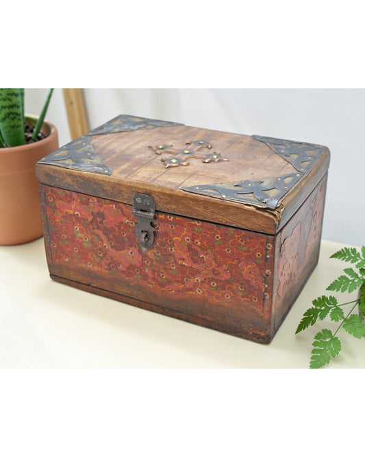 Vintage Wooden Storage Box Original Old Hand Crafted Fine Painted Metal Fitted