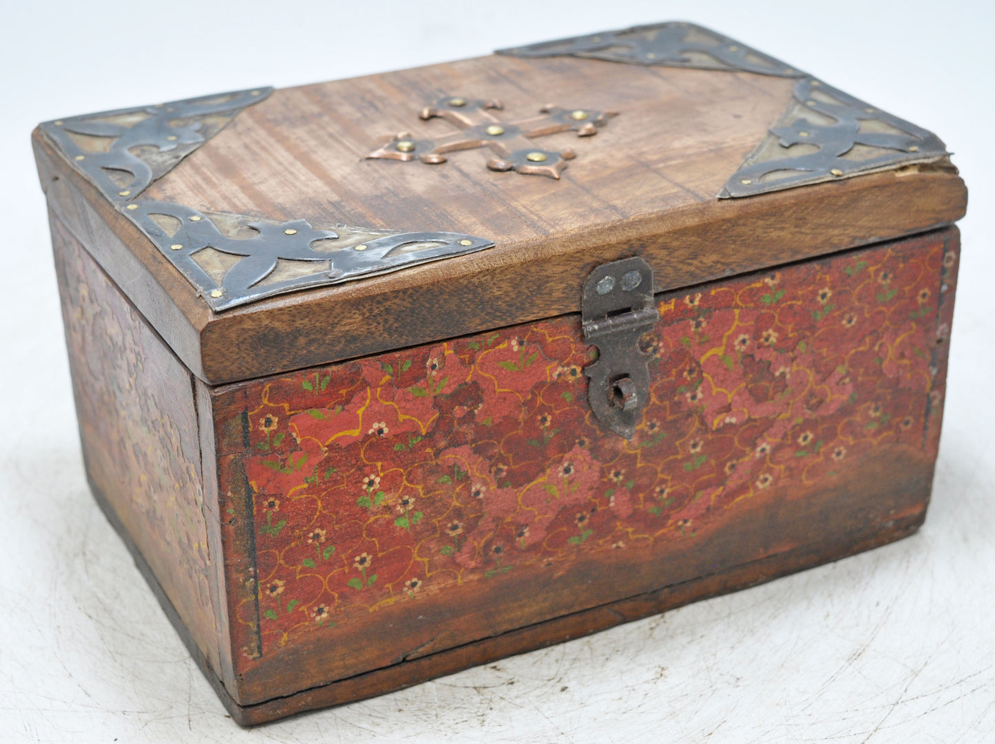 Vintage Wooden Storage Box Original Old Hand Crafted Fine Painted Metal Fitted