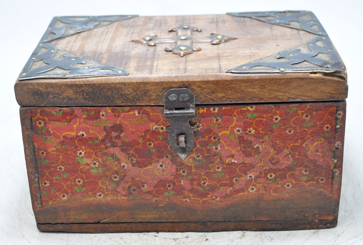 Vintage Wooden Storage Box Original Old Hand Crafted Fine Painted Metal Fitted