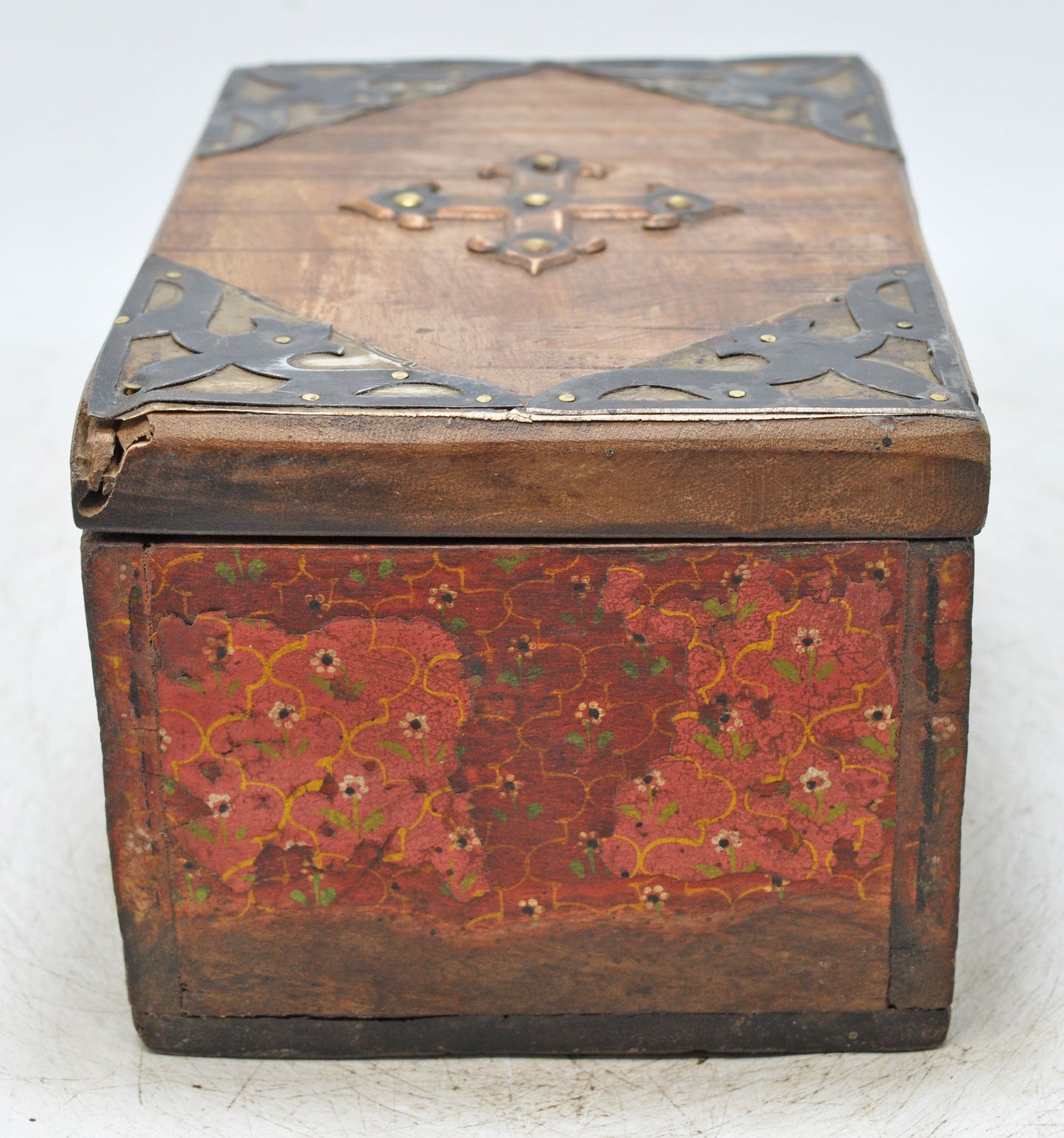Vintage Wooden Storage Box Original Old Hand Crafted Fine Painted Metal Fitted