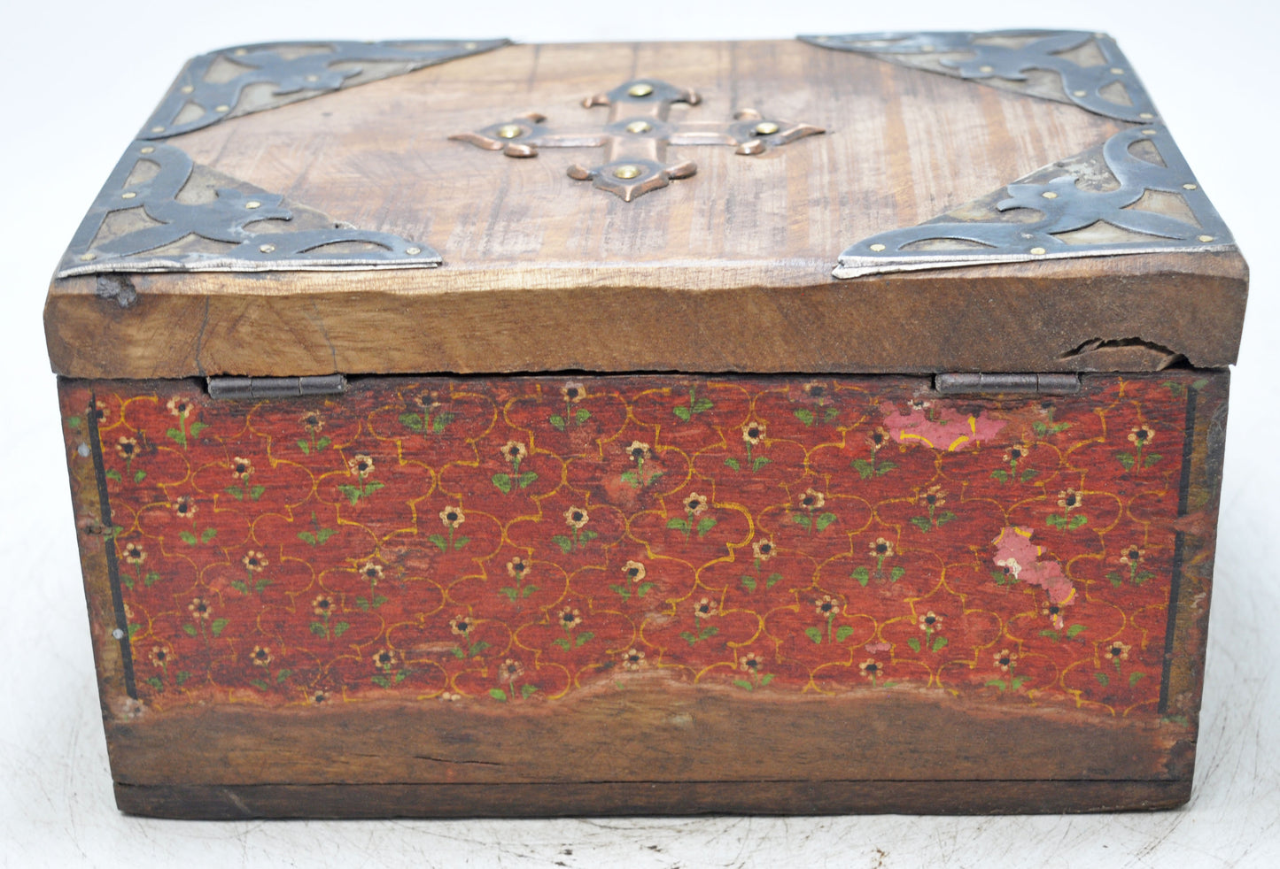 Vintage Wooden Storage Box Original Old Hand Crafted Fine Painted Metal Fitted