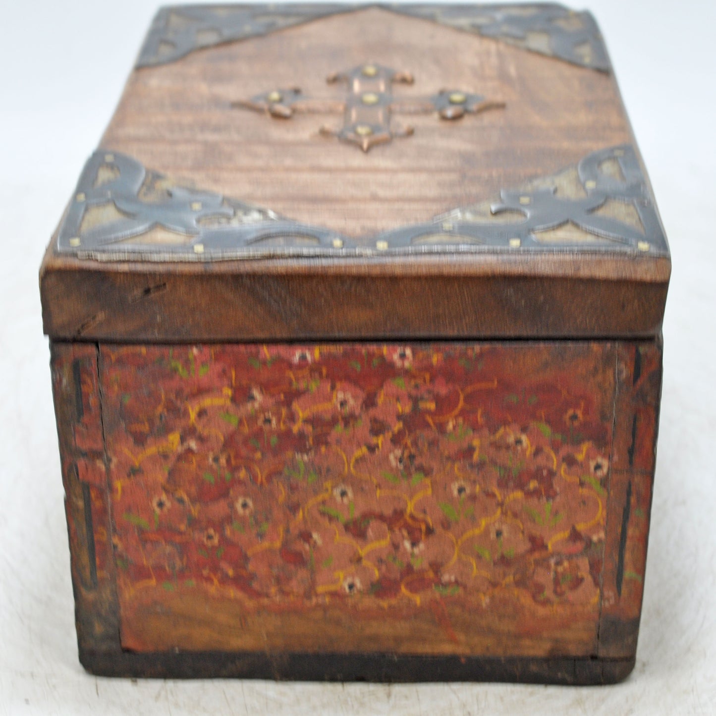 Vintage Wooden Storage Box Original Old Hand Crafted Fine Painted Metal Fitted