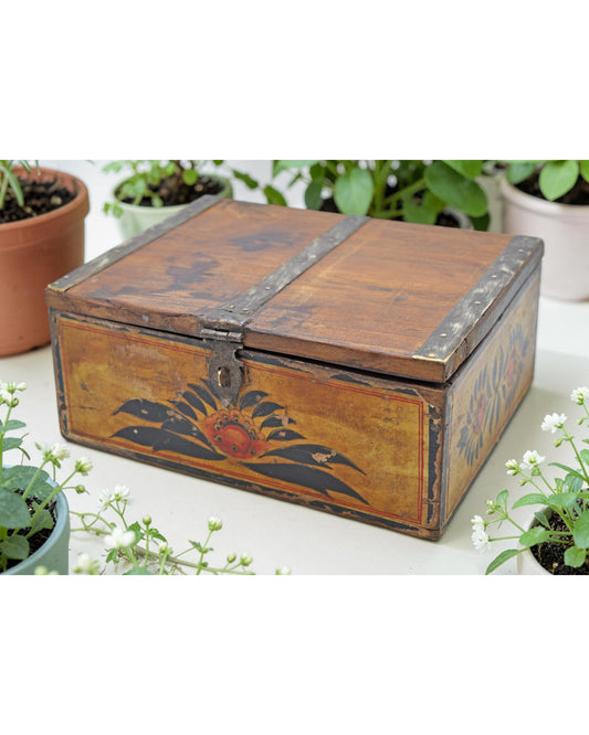 Vintage Wooden Storage Box Original Old Hand Crafted Fine Painted Metal Fitted