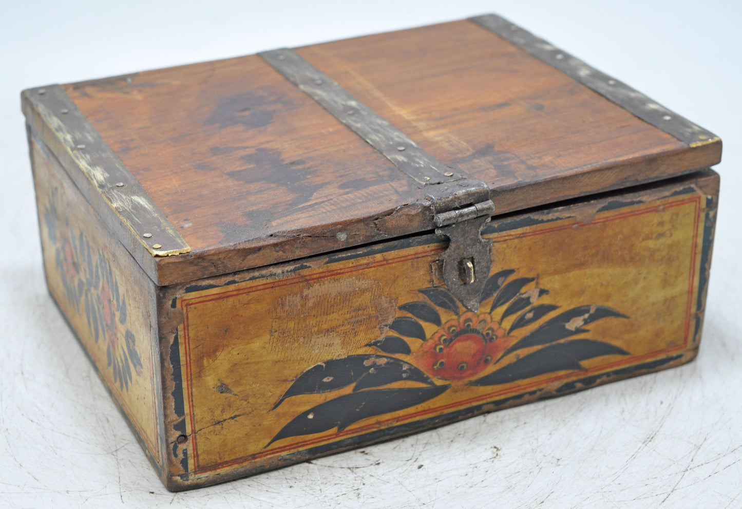 Vintage Wooden Storage Box Original Old Hand Crafted Fine Painted Metal Fitted