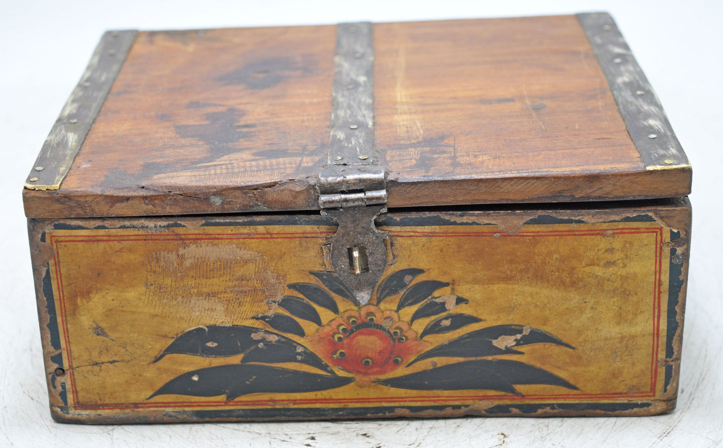 Vintage Wooden Storage Box Original Old Hand Crafted Fine Painted Metal Fitted