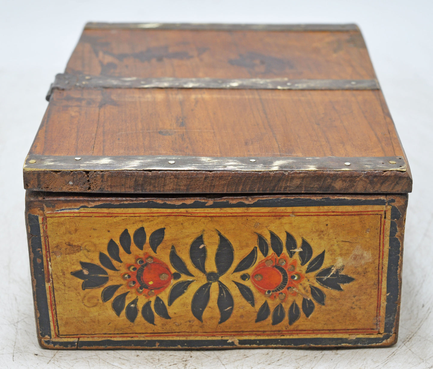 Vintage Wooden Storage Box Original Old Hand Crafted Fine Painted Metal Fitted