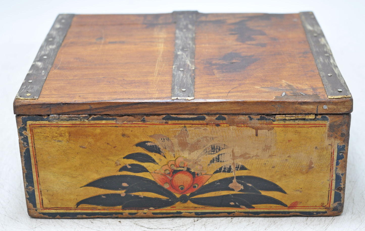 Vintage Wooden Storage Box Original Old Hand Crafted Fine Painted Metal Fitted