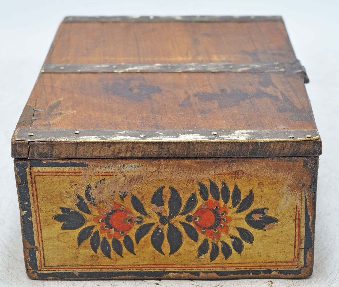 Vintage Wooden Storage Box Original Old Hand Crafted Fine Painted Metal Fitted