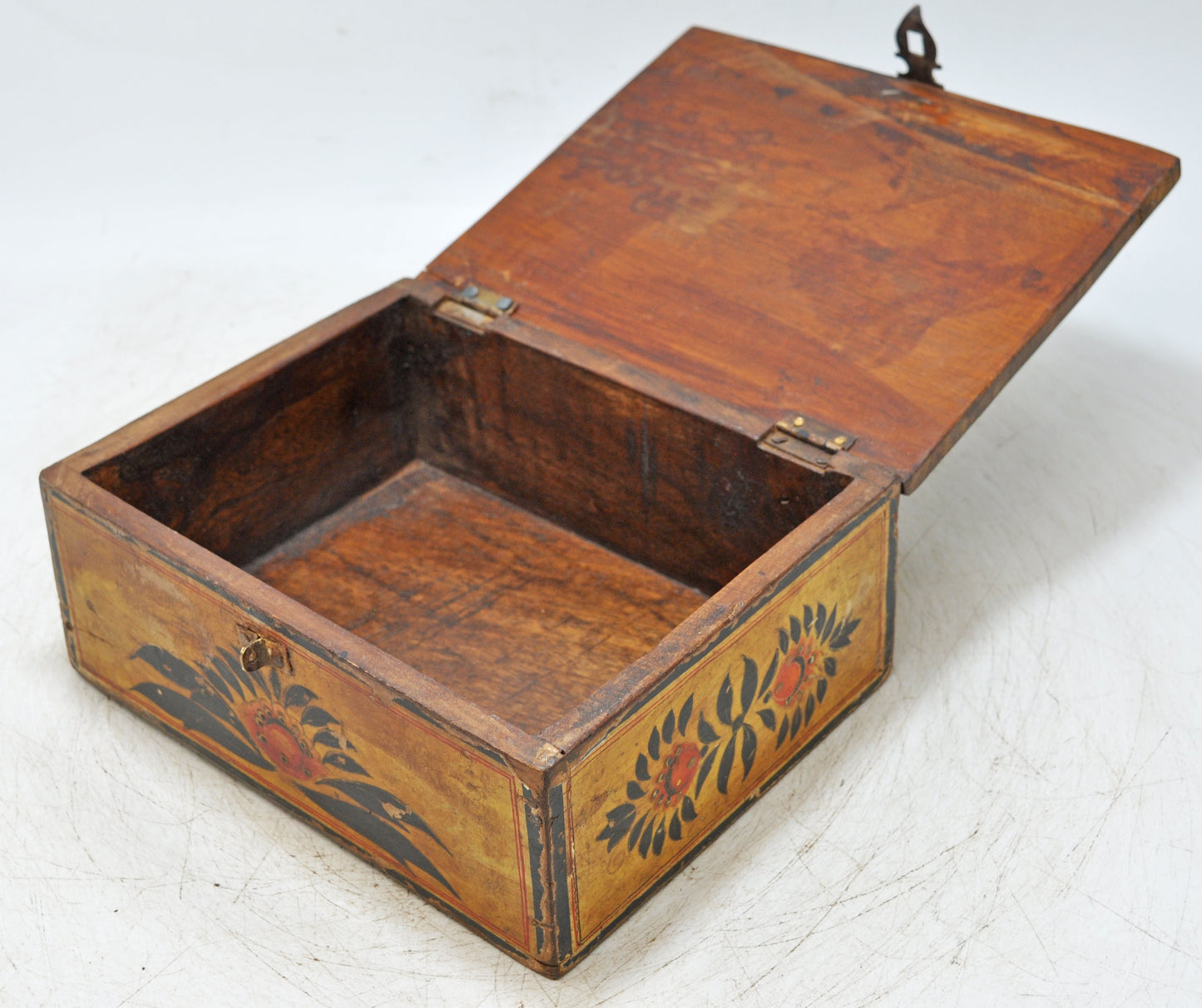 Vintage Wooden Storage Box Original Old Hand Crafted Fine Painted Metal Fitted