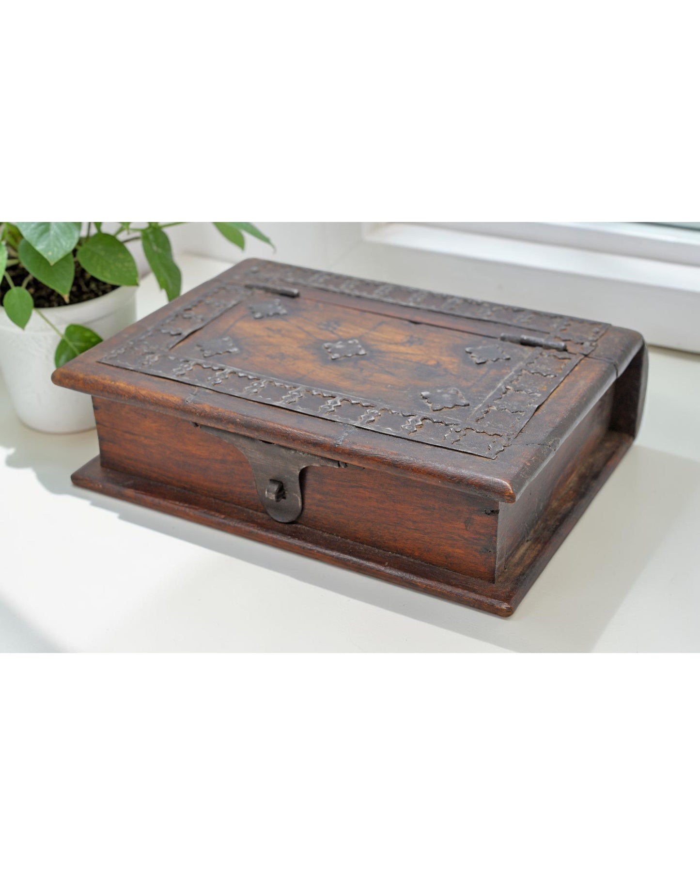 Vintage Wooden Book Shaped Storage Box Original Old Hand Crafted Metal Fitted