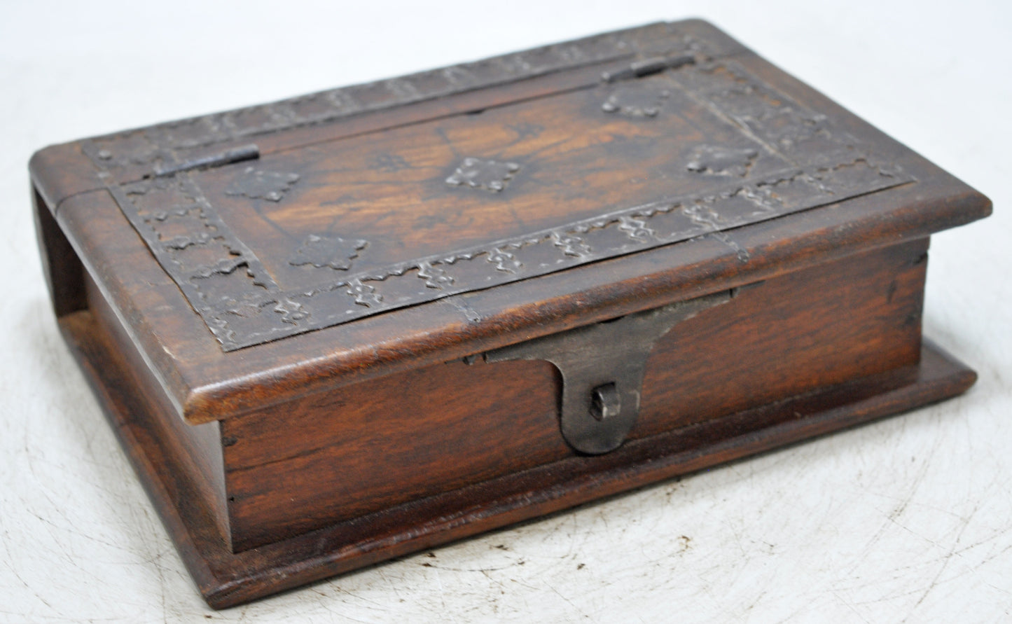 Vintage Wooden Book Shaped Storage Box Original Old Hand Crafted Metal Fitted
