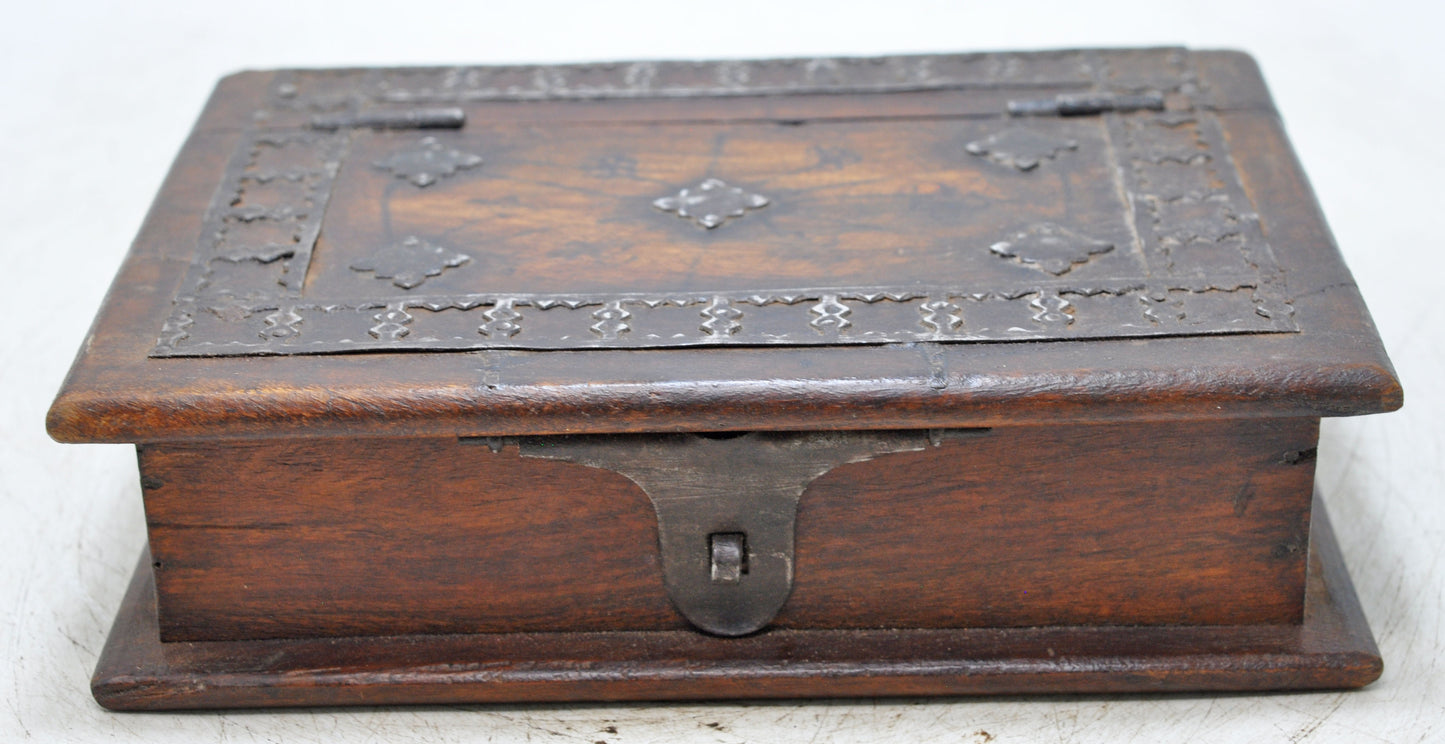 Vintage Wooden Book Shaped Storage Box Original Old Hand Crafted Metal Fitted