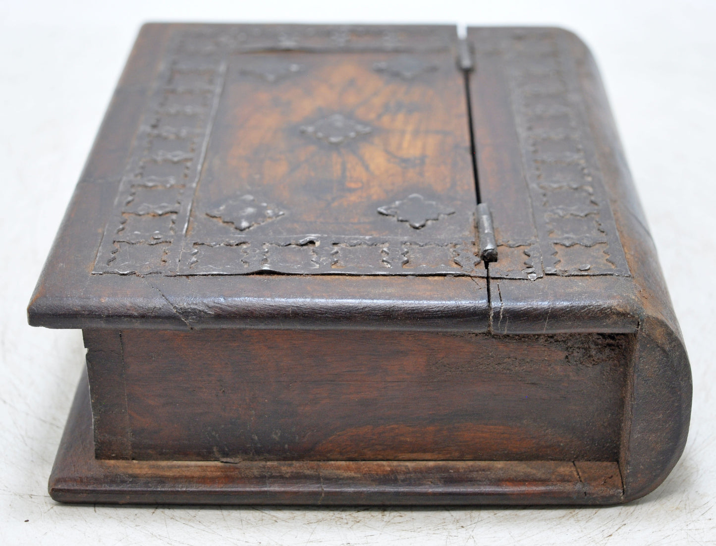 Vintage Wooden Book Shaped Storage Box Original Old Hand Crafted Metal Fitted