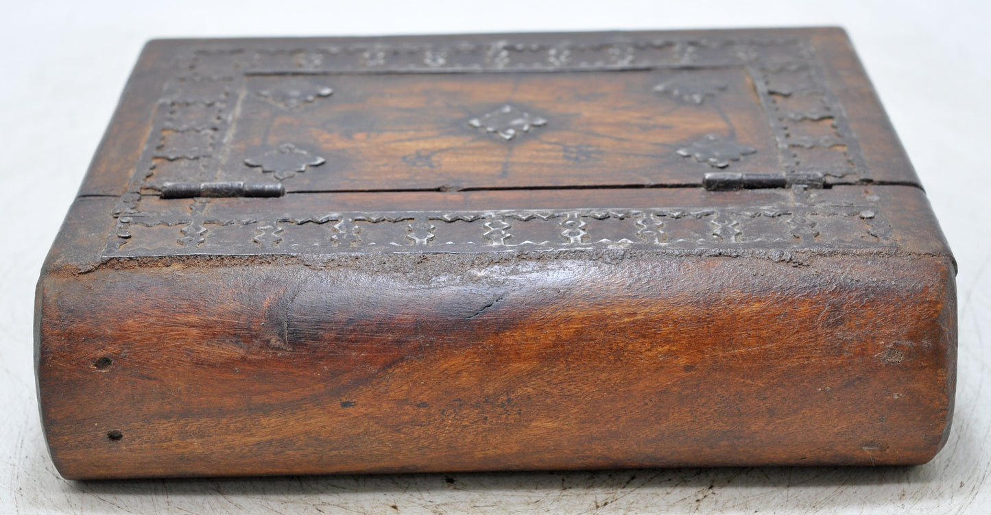 Vintage Wooden Book Shaped Storage Box Original Old Hand Crafted Metal Fitted