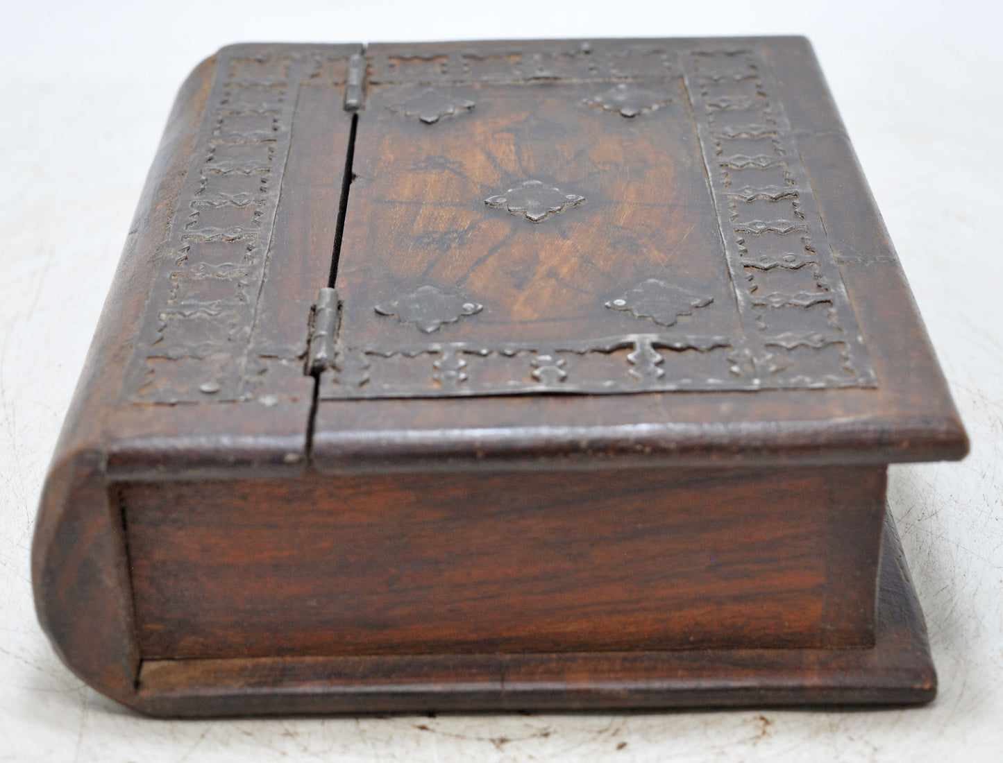 Vintage Wooden Book Shaped Storage Box Original Old Hand Crafted Metal Fitted