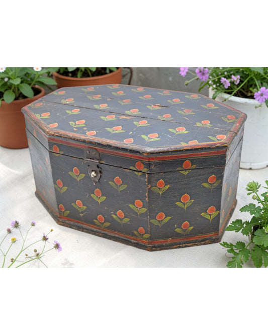 Vintage Wooden Hexagonal Storage Box Original Old Hand Crafted Fine Painted