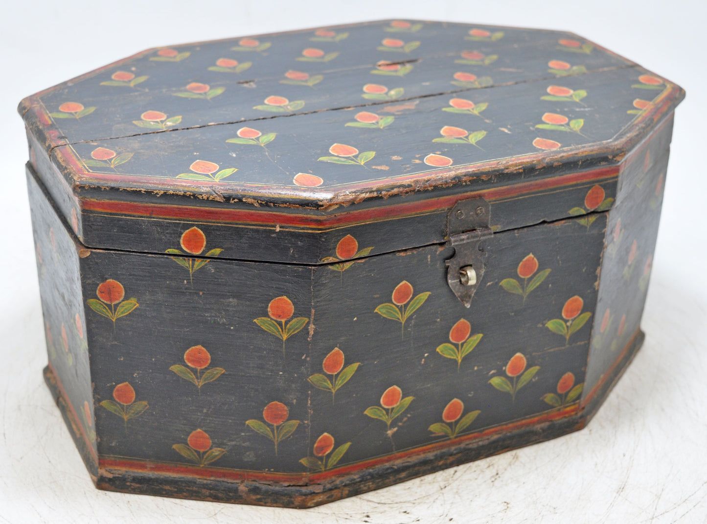 Vintage Wooden Hexagonal Storage Box Original Old Hand Crafted Fine Painted