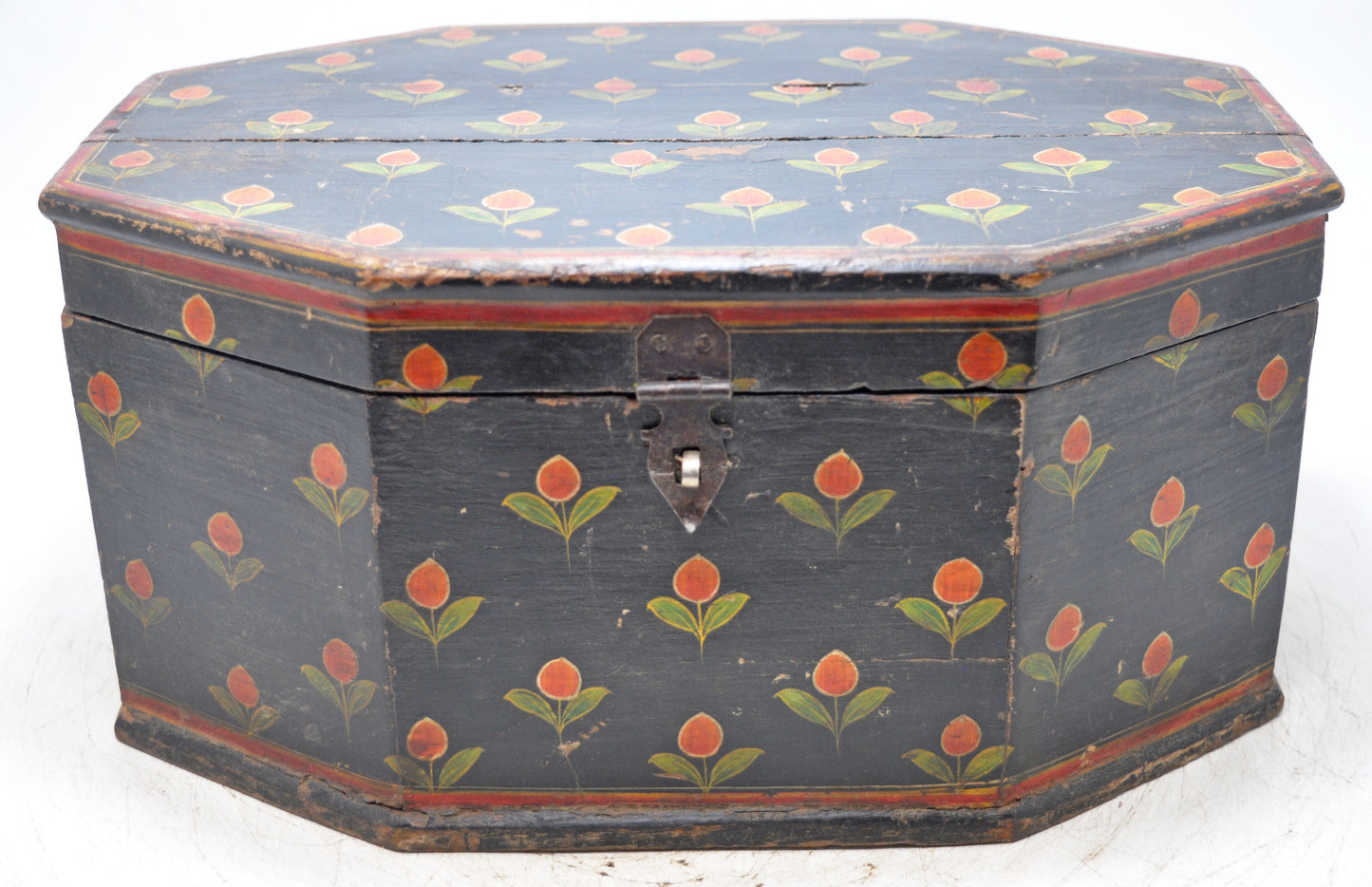 Vintage Wooden Hexagonal Storage Box Original Old Hand Crafted Fine Painted