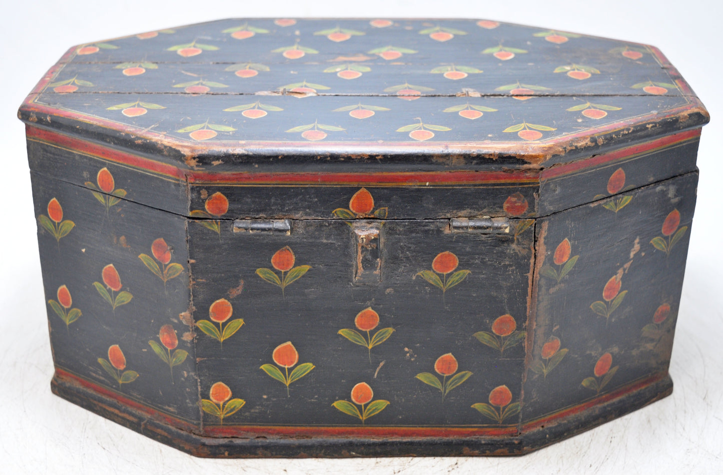 Vintage Wooden Hexagonal Storage Box Original Old Hand Crafted Fine Painted