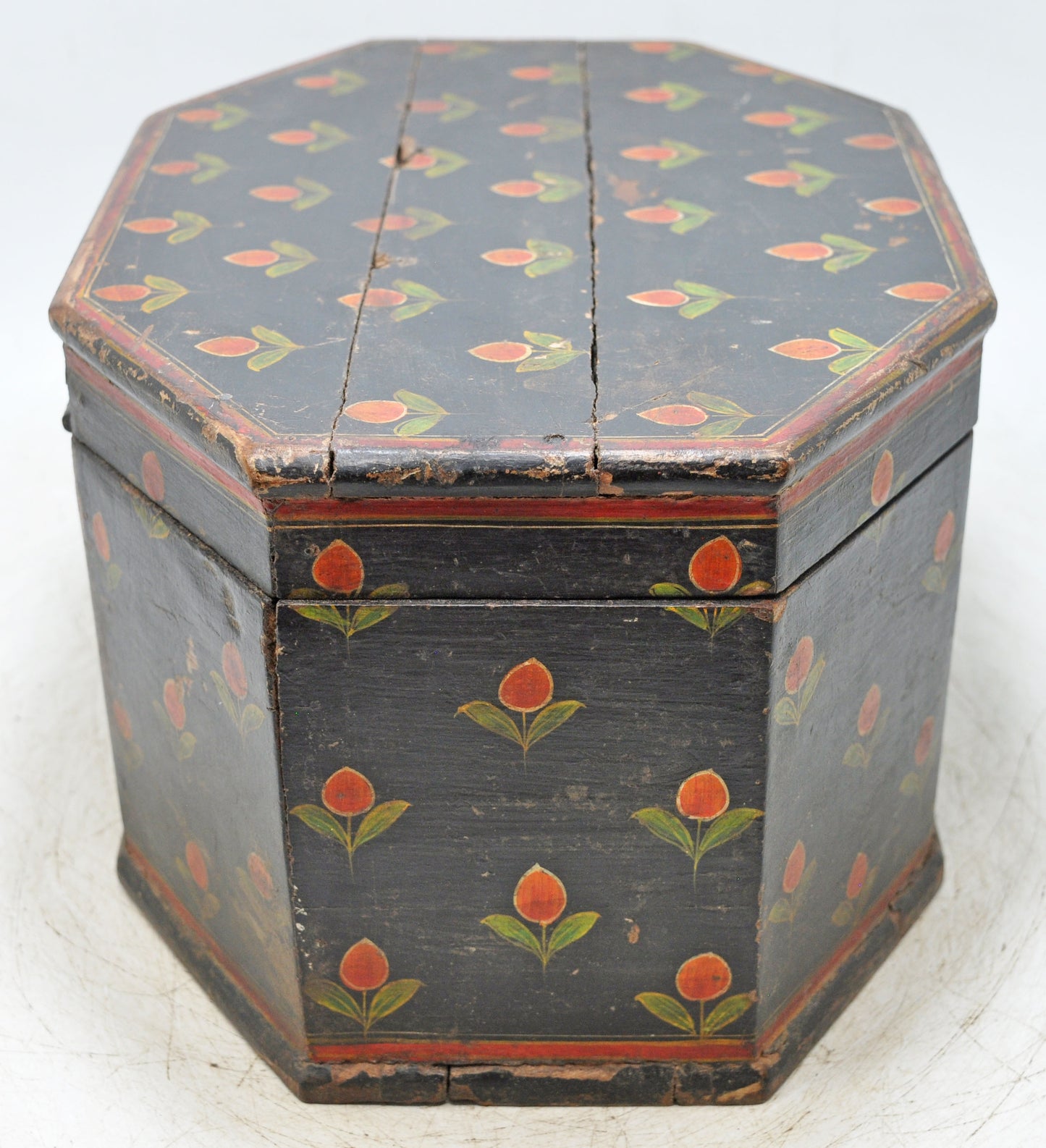 Vintage Wooden Hexagonal Storage Box Original Old Hand Crafted Fine Painted