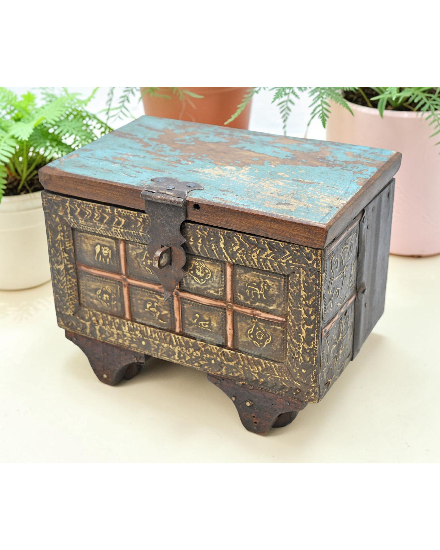 Antique Wooden Chest Shaped Storage Box Original Old Fine Brass Fitted