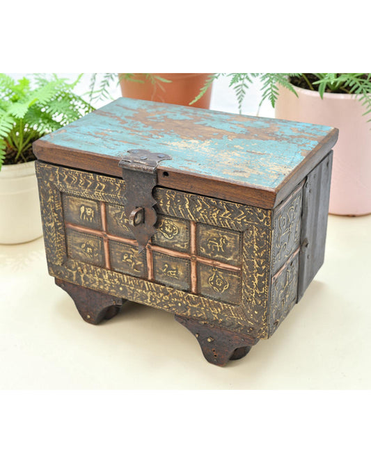 Antique Wooden Chest Shaped Storage Box Original Old Fine Brass Fitted
