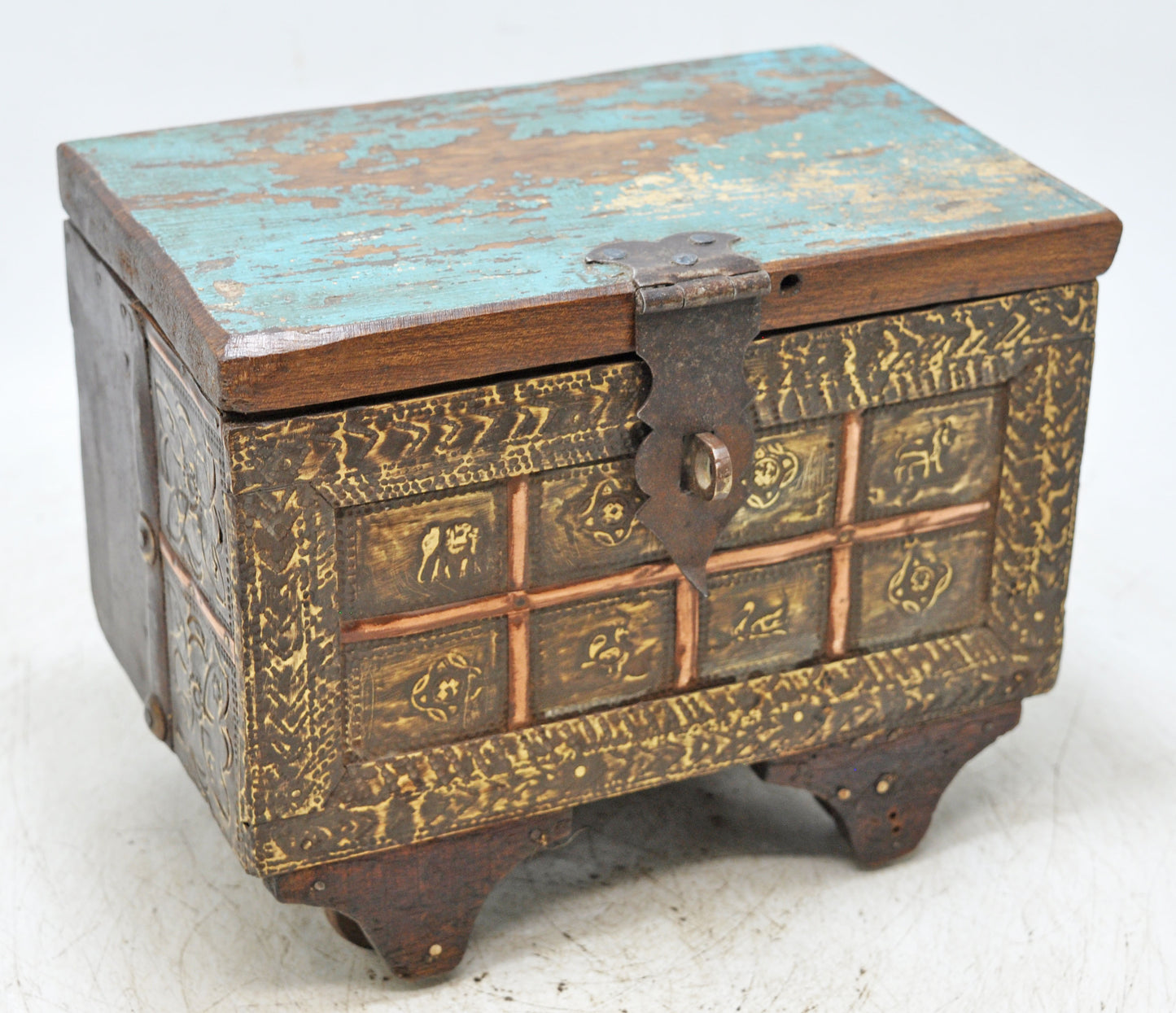 Vintage Wooden Small  Drawers Storage Box Original Old Hand Crafted Metal Fitted