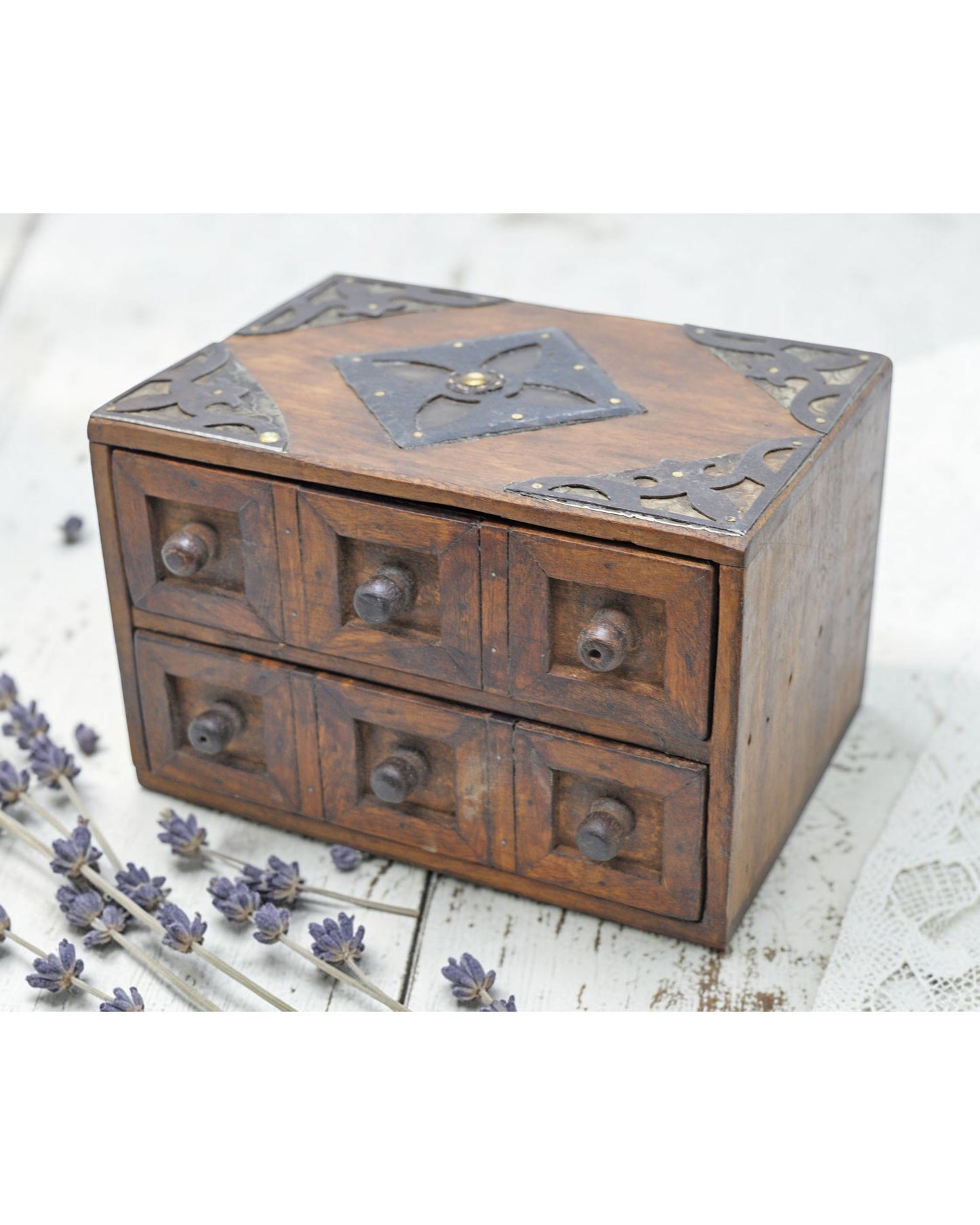 Vintage Wooden Small  Drawers Storage Box Original Old Hand Crafted Metal Fitted