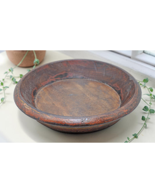 Antique Wooden Round Dough Kneading Parat Bowl Original Old Hand Carved