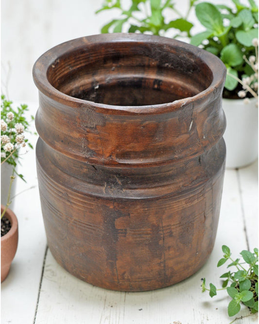Antique Wooden Round Grain Pot Mana Original Old Hand Carved