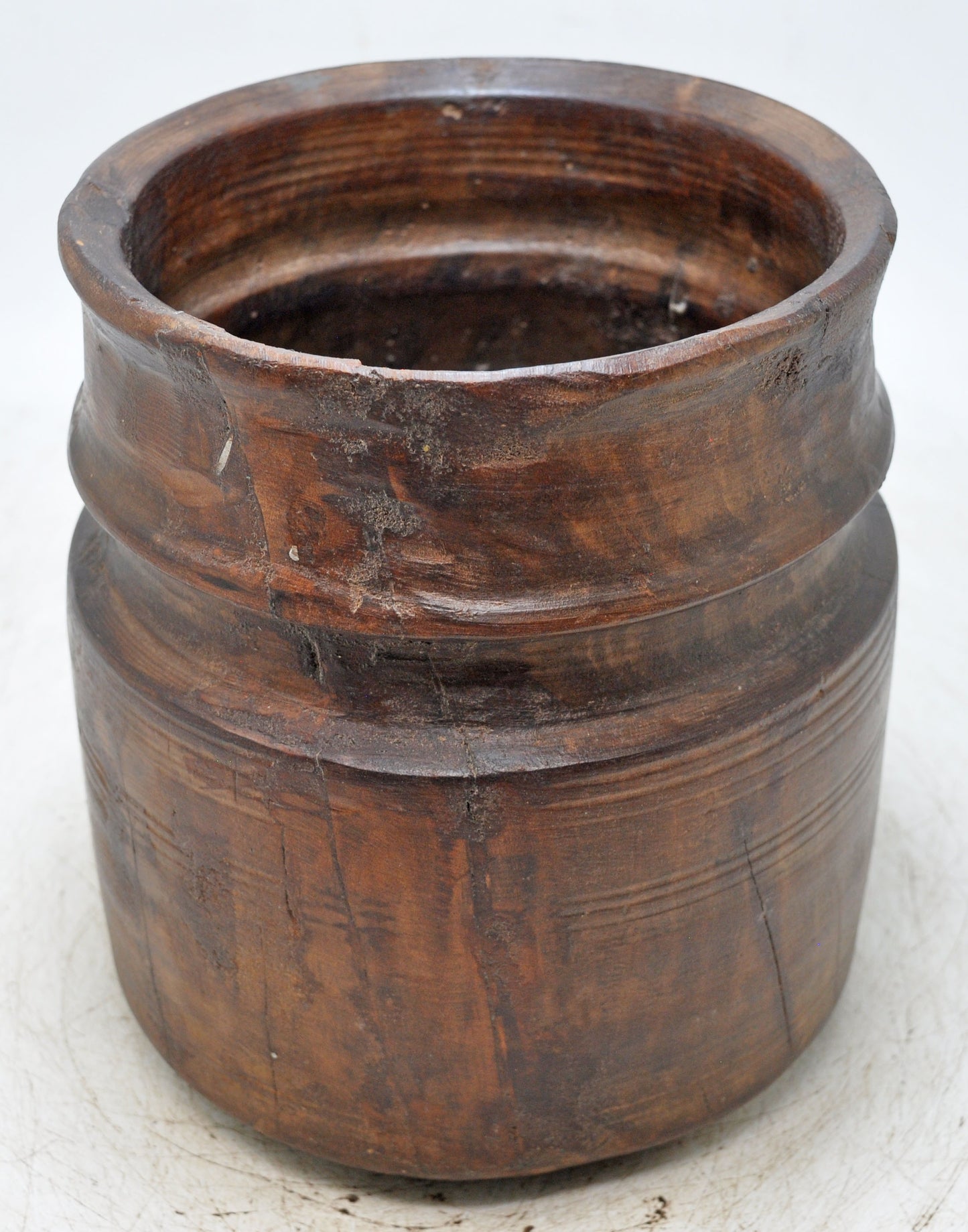 Antique Wooden Round Grain Pot Mana Original Old Hand Carved