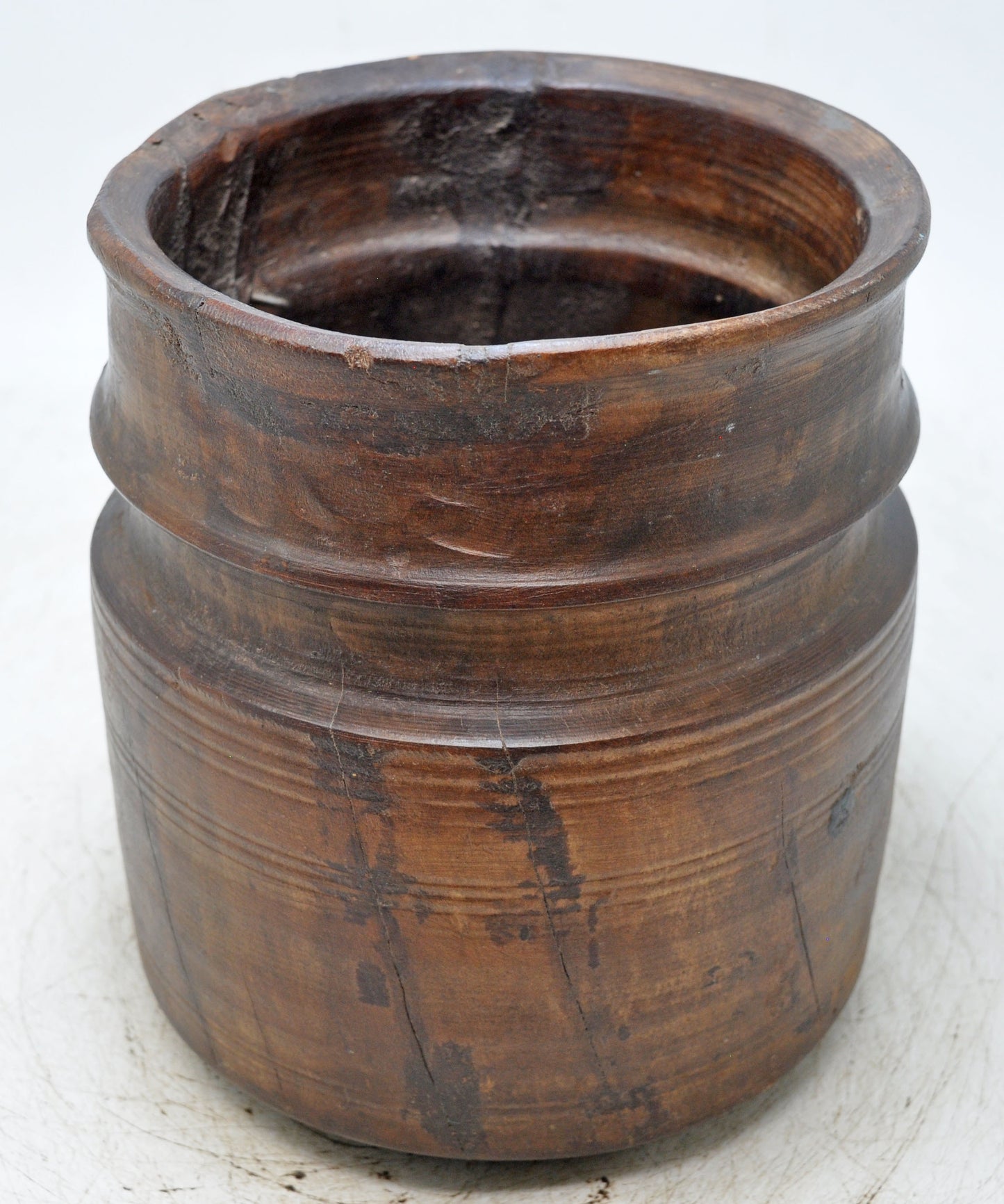 Antique Wooden Round Grain Pot Mana Original Old Hand Carved