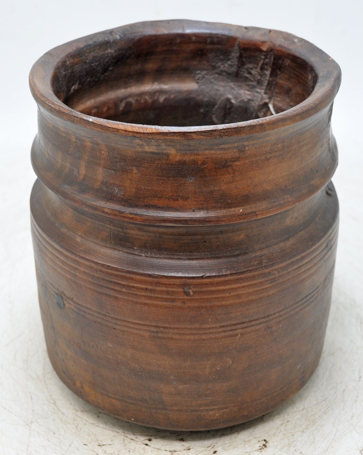Antique Wooden Round Grain Pot Mana Original Old Hand Carved