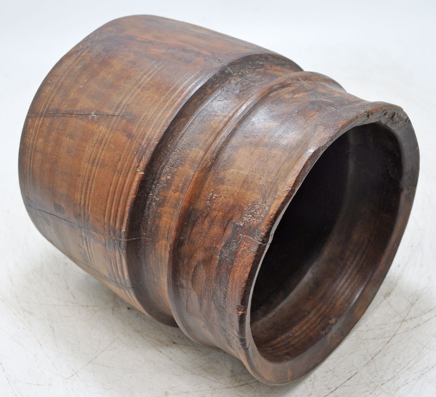 Antique Wooden Round Grain Pot Mana Original Old Hand Carved